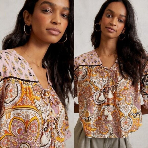 Anthropologie Emma Kayleigh Pink printed tie neck boho balloon sleeve blouse xxs - Picture 4 of 16